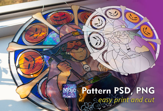 Halloween Witch Cauldron Stained Glass Pattern — Spooky Round DIY Suncatcher Template, svg psd Download
