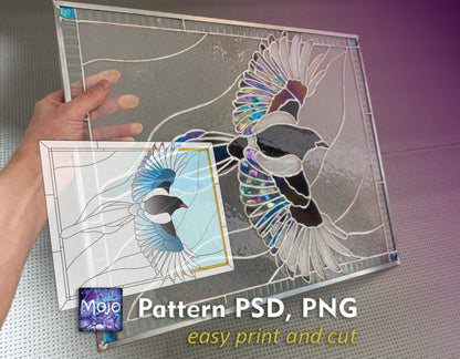 Soaring Magpie Stained Glass Pattern — Iridescent Bird in Flight DIY Panel Template, svg psd Download