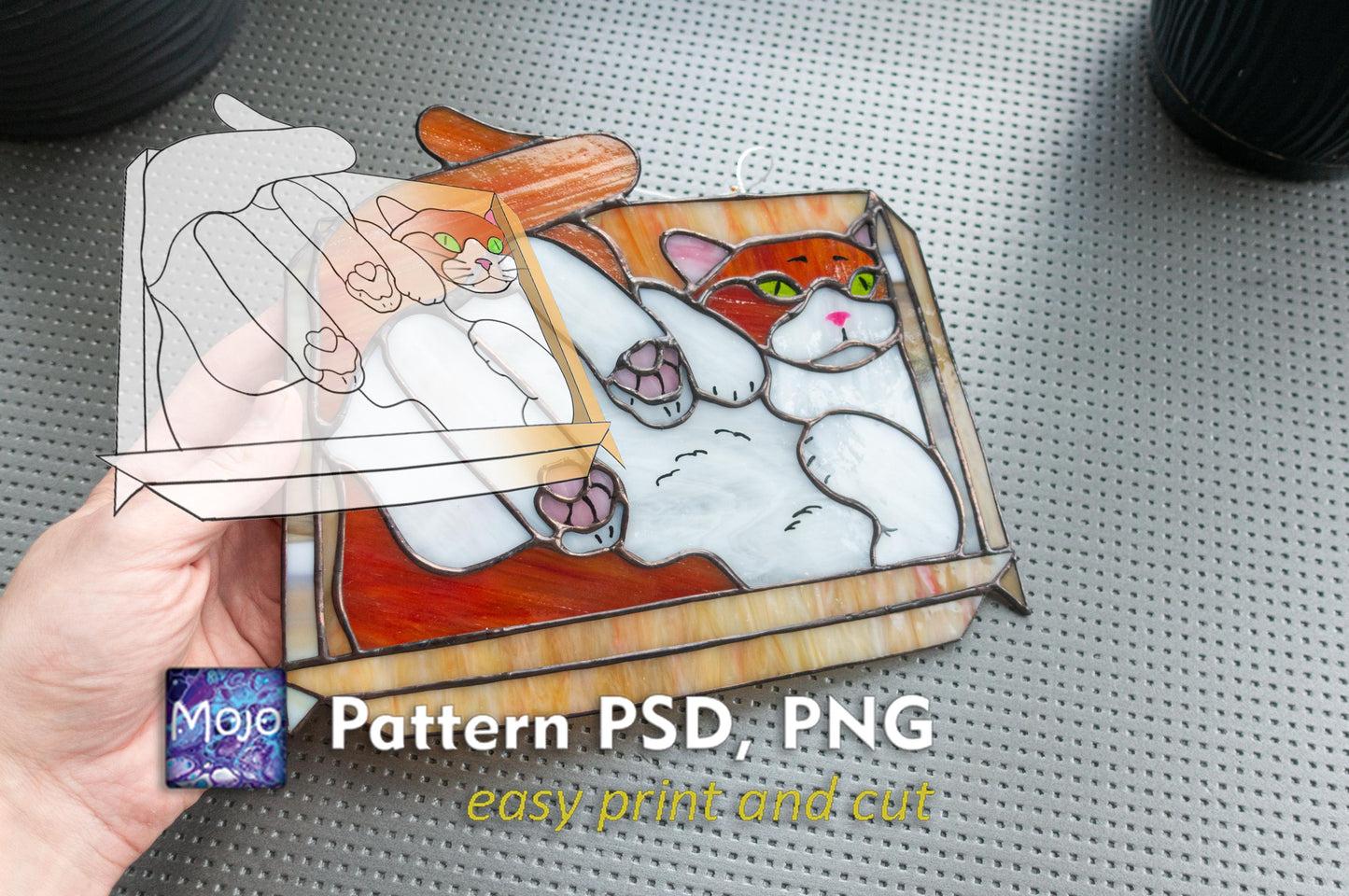 Cat in a Box Stained Glass Pattern — If It Fits I Sits Meme DIY Suncatcher Template, svg psd Download