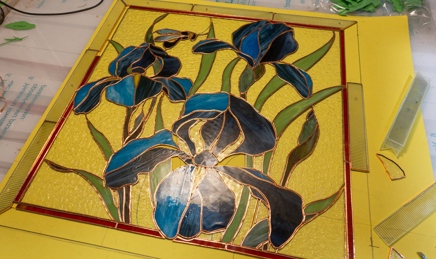Blue Iris Stained Glass Pattern — Tiffany Floral Panel DIY Template, svg psd Download