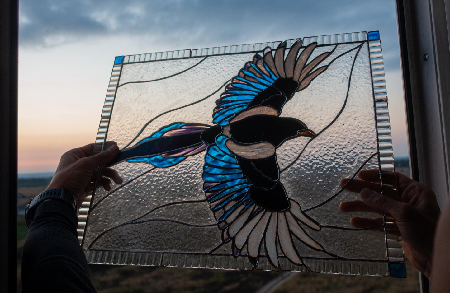 Soaring Magpie Stained Glass Pattern — Iridescent Bird in Flight DIY Panel Template, svg psd Download