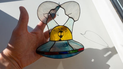 UFO Fried Egg Stained Glass Suncatcher — Alien Spaceship Meme, Weird Window Art, Sci-Fi Gift
