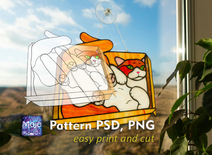 Cat in a Box Stained Glass Pattern — If It Fits I Sits Meme DIY Suncatcher Template, svg psd Download