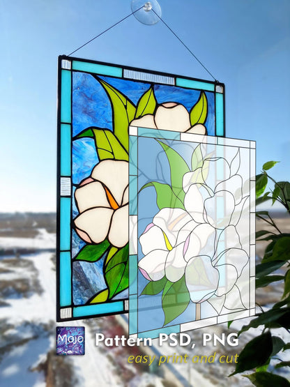 Digital pattern PSD/PNG white Hibiscus Stained glass Window panel