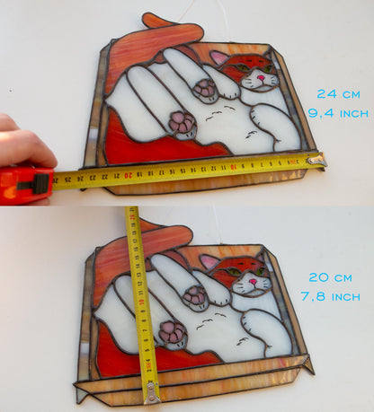 Stained Glass Cat in Box Suncatcher – "If It Fits I Sits" Meme Window Art