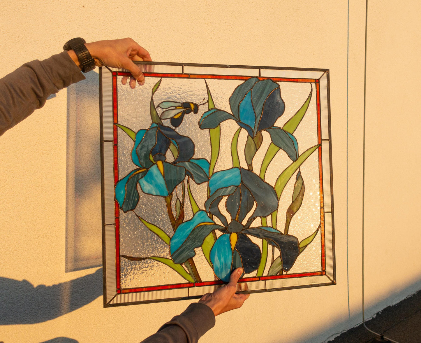 Blue Iris Stained Glass Pattern — Tiffany Floral Panel DIY Template, svg psd Download