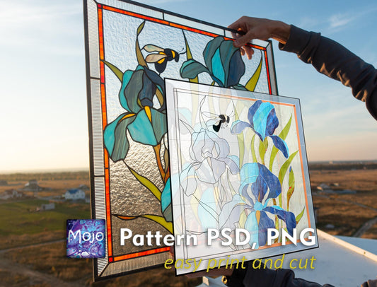 Blue Iris Stained Glass Pattern — Tiffany Floral Panel DIY Template, svg psd Download