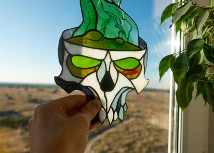 Halloween Skull Potion Stained Glass Suncatcher — Witch Poison Window Art, Spooky Horror Gift