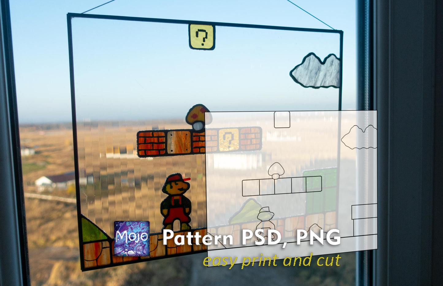 8-Bit Pixel Plumber Stained Glass Pattern — Retro Game Hero DIY Template, svg psd Download