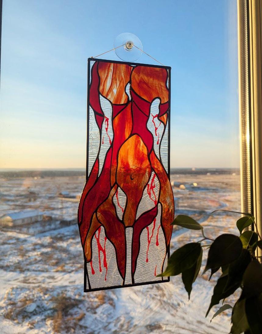 Abstract Female Figure Handmade Stained Glass Panel — Red Body Paint Feminine Fine Art Decor