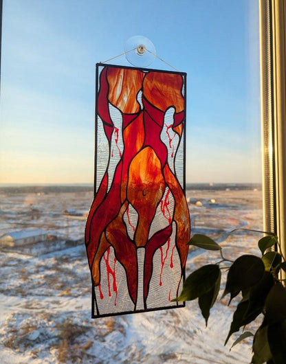 Abstract Female Figure Handmade Stained Glass Panel — Red Body Paint Feminine Fine Art Decor