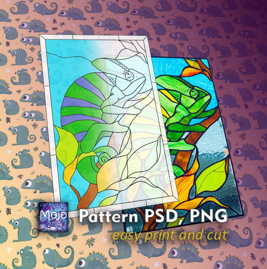 Yemeni Chameleon Stained Glass Pattern — Colorful Reptile DIY Suncatcher Template, svg psd Download