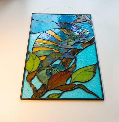 Yemeni Chameleon Stained Glass Pattern — Colorful Reptile DIY Suncatcher Template, svg psd Download