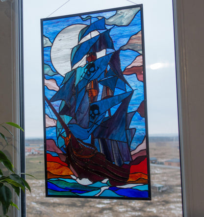 Stained Glass Panel — Mystical Pirate Ship, Large Nautical Window Hanging, Pirate Lover Gift