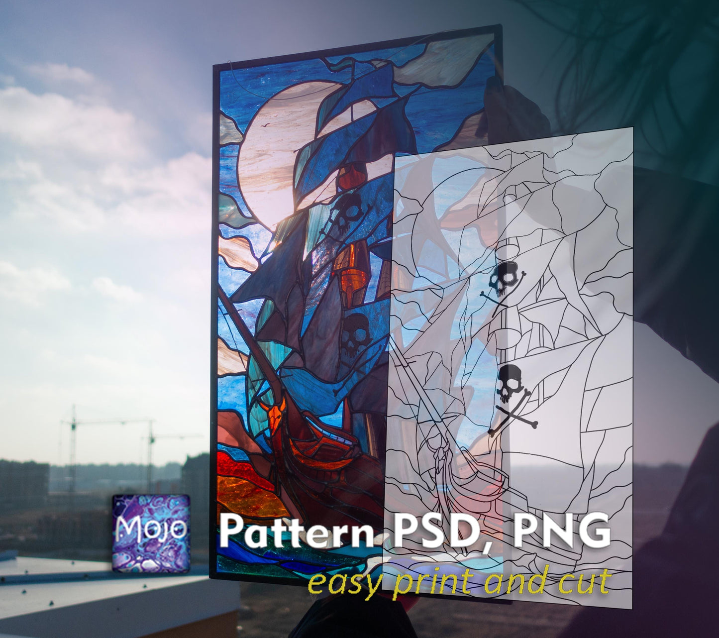Pirate Ship Stained Glass Pattern — Mystical Sea Waves DIY Suncatcher Template, svg psd Download