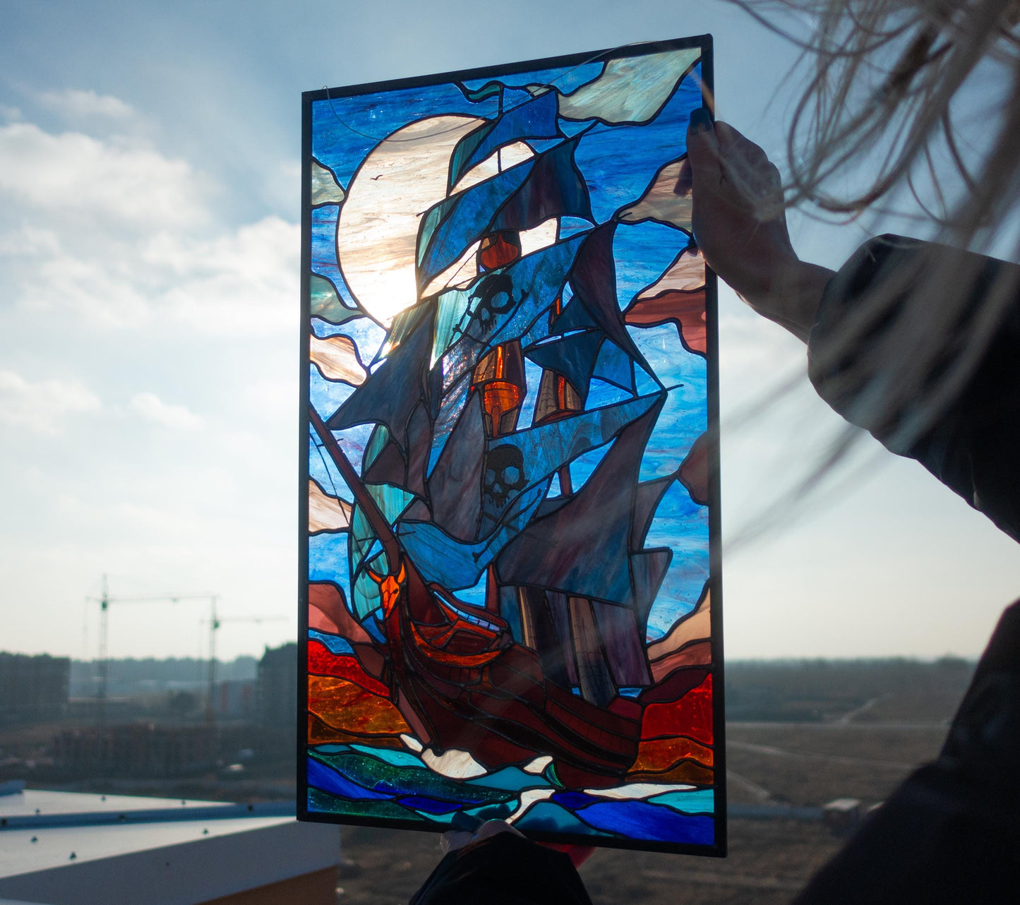 Pirate Ship Stained Glass Pattern — Mystical Sea Waves DIY Suncatcher Template, svg psd Download