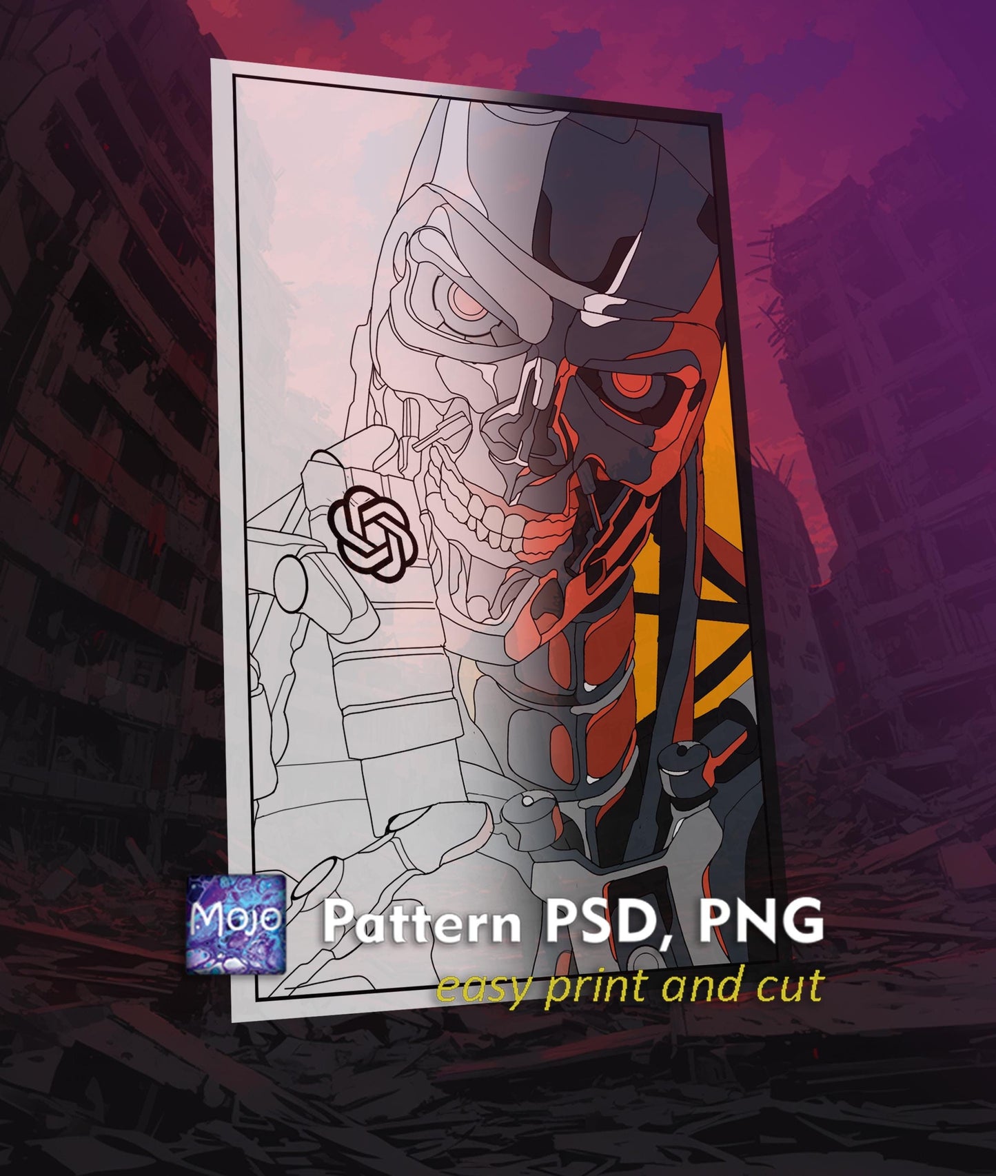Cyborg Warrior Stained Glass Pattern — Sci-Fi Robot Skull DIY Suncatcher Template, svg psd Download