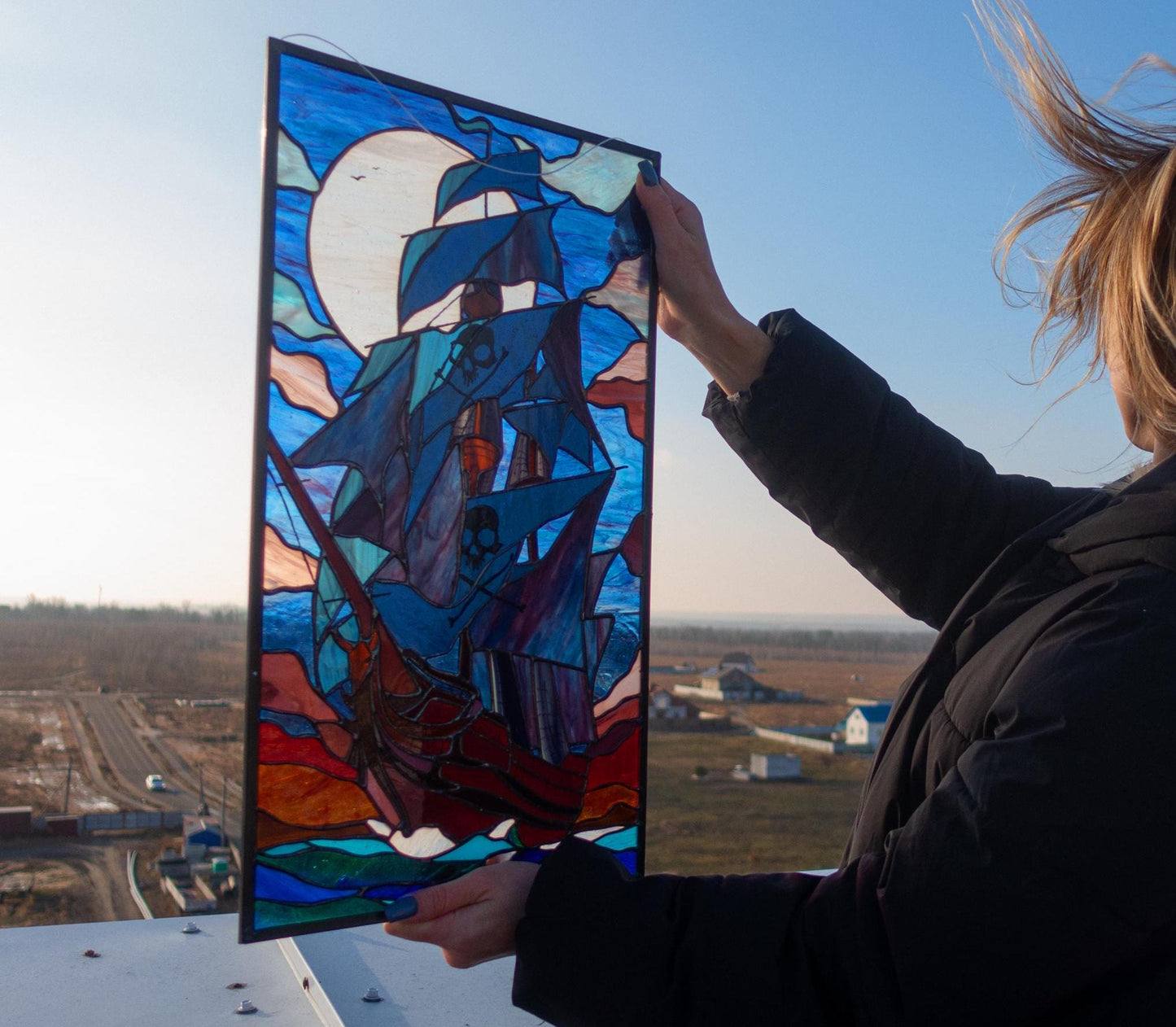Stained Glass Panel — Mystical Pirate Ship, Large Nautical Window Hanging, Pirate Lover Gift