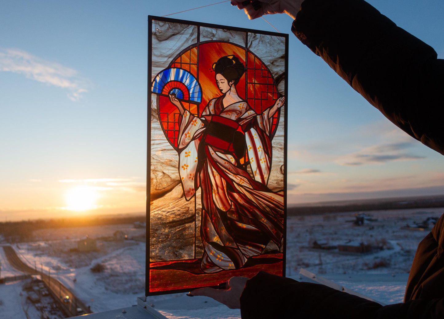 Stained Glass Panel — Geisha Japanese Kimono Wall Art, Oriental Window Hanging, Luxury Asian Gift
