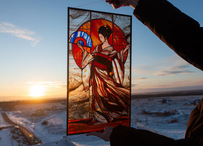 Stained Glass Panel — Geisha Japanese Kimono Wall Art, Oriental Window Hanging, Luxury Asian Gift