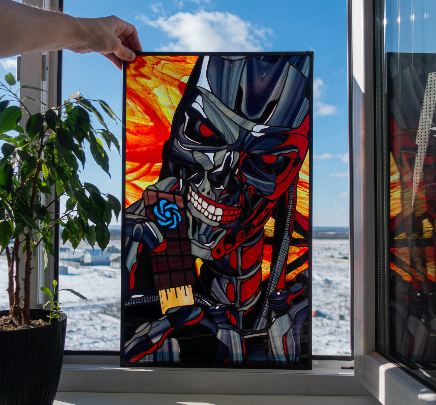 Cyborg Warrior Stained Glass Panel — Sci-Fi Metal Skull, Cyberpunk Large Window Art Gift Him