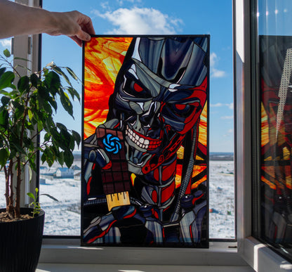 Cyborg Warrior Stained Glass Panel — Sci-Fi Metal Skull, Cyberpunk Large Window Art Gift Him