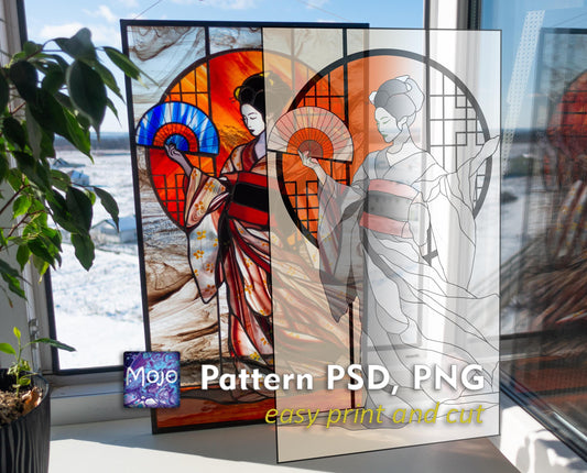 Geisha Stained Glass Pattern — Japanese Kimono DIY Suncatcher Template, svg psd Download
