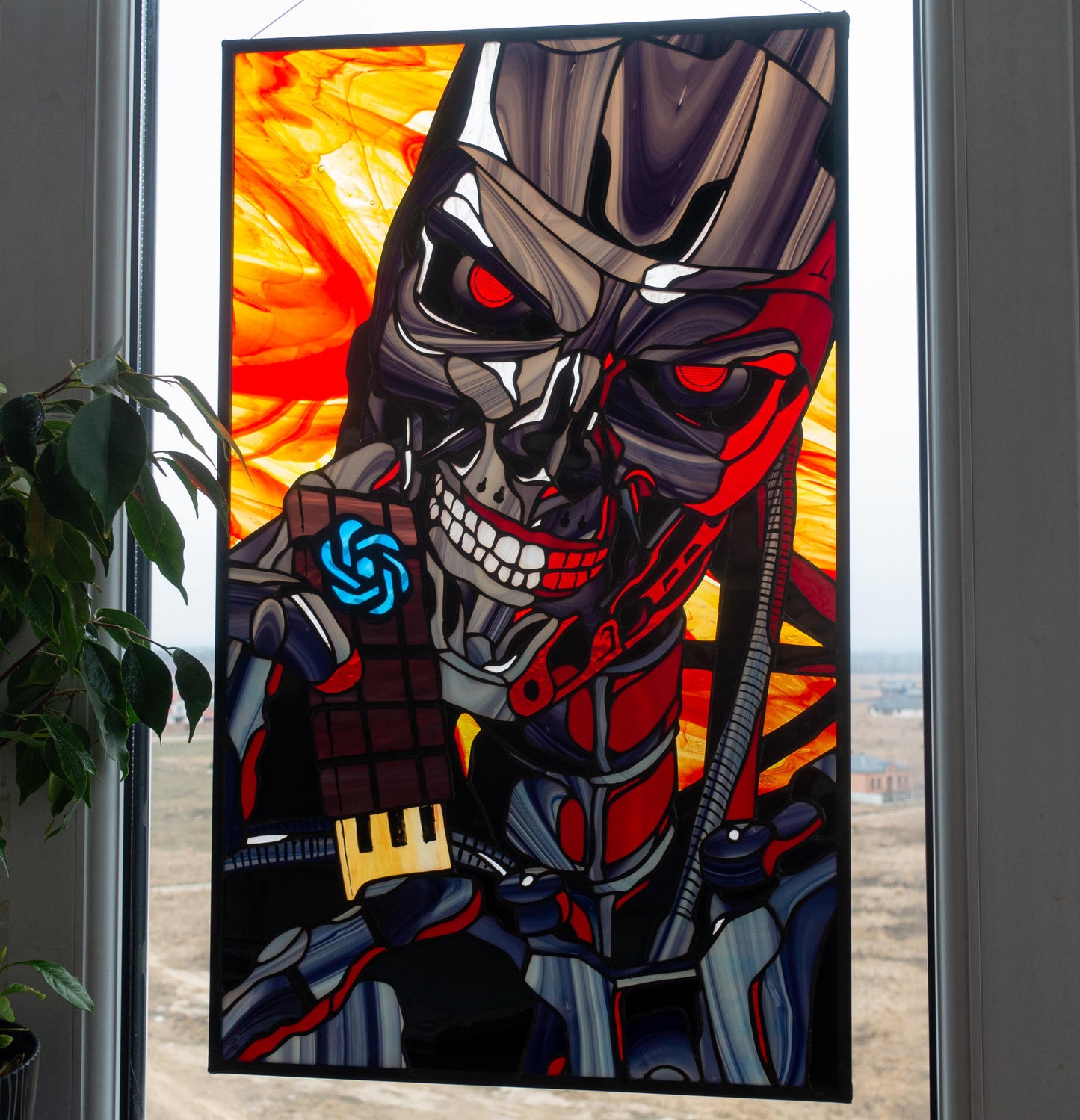 Cyborg Warrior Stained Glass Panel — Sci-Fi Metal Skull, Cyberpunk Large Window Art Gift Him