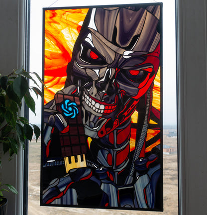 Cyborg Warrior Stained Glass Panel — Sci-Fi Metal Skull, Cyberpunk Large Window Art Gift Him