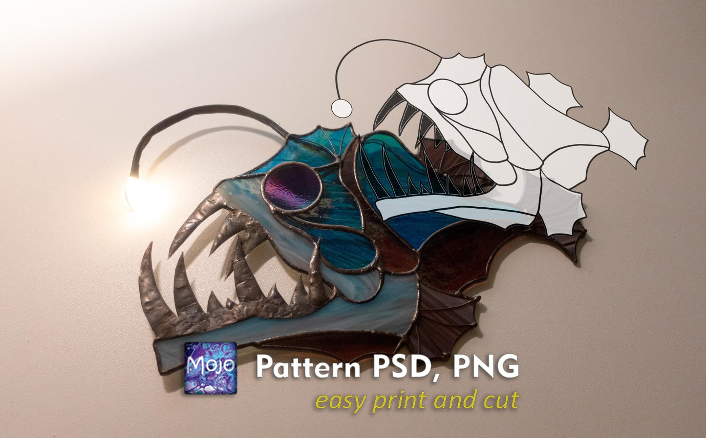 Anglerfish Stained Glass Pattern — Deep Sea DIY Suncatcher Window Panel Template, svg psd Download