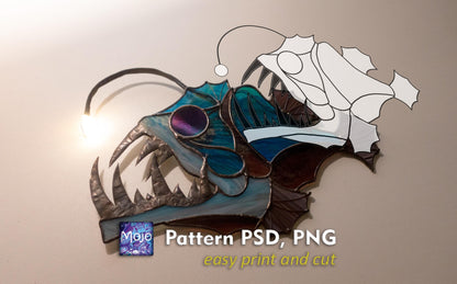 Anglerfish Stained Glass Pattern — Deep Sea DIY Suncatcher Window Panel Template, svg psd Download