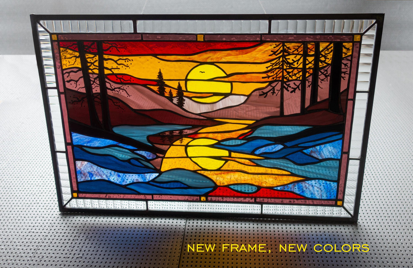Stained Glass Window Panel — Landscape Mountain Sunset, Large Window Hanging, Housewarming Gift