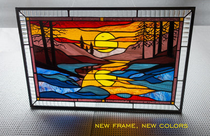 Stained Glass Window Panel — Landscape Mountain Sunset, Large Window Hanging, Housewarming Gift