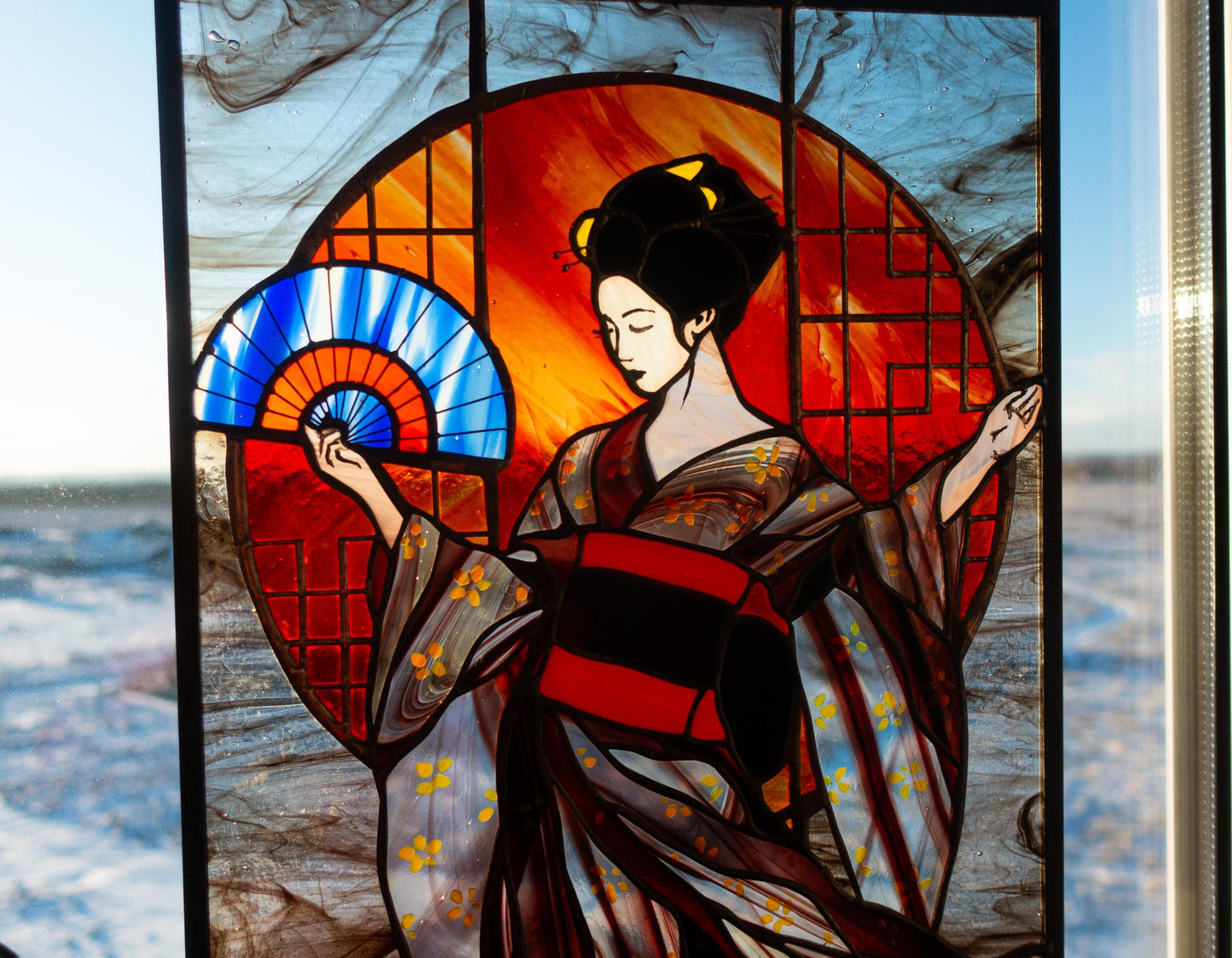 Stained Glass Panel — Geisha Japanese Kimono Wall Art, Oriental Window Hanging, Luxury Asian Gift