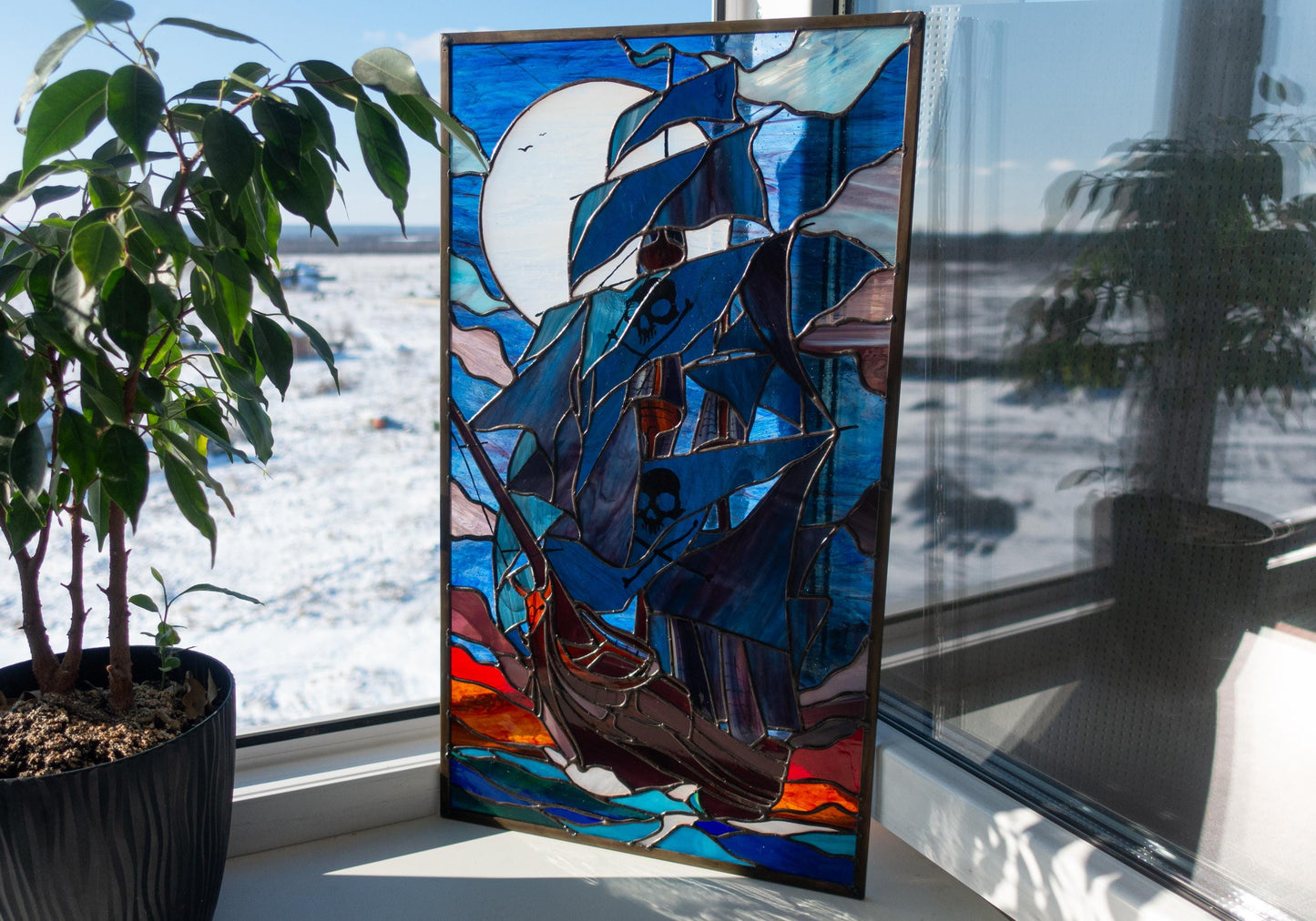 Stained Glass Panel — Mystical Pirate Ship, Large Nautical Window Hanging, Pirate Lover Gift
