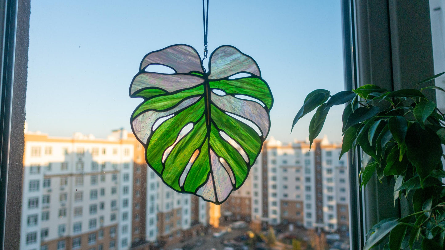 Monstera Leaf Stained Glass Pattern — Tropical Plant DIY Suncatcher Template, svg psd Download