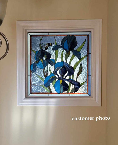 Stained Glass Window Panel — Blue Iris Flowers, Large Square Floral Hanging, Mothers Day Gift
