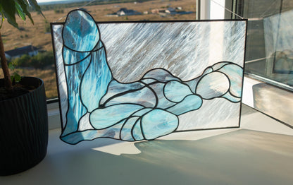 Minimalist Female Figure Stained Glass Panel — Blue Line Art, Abstract Reclining Form Decor