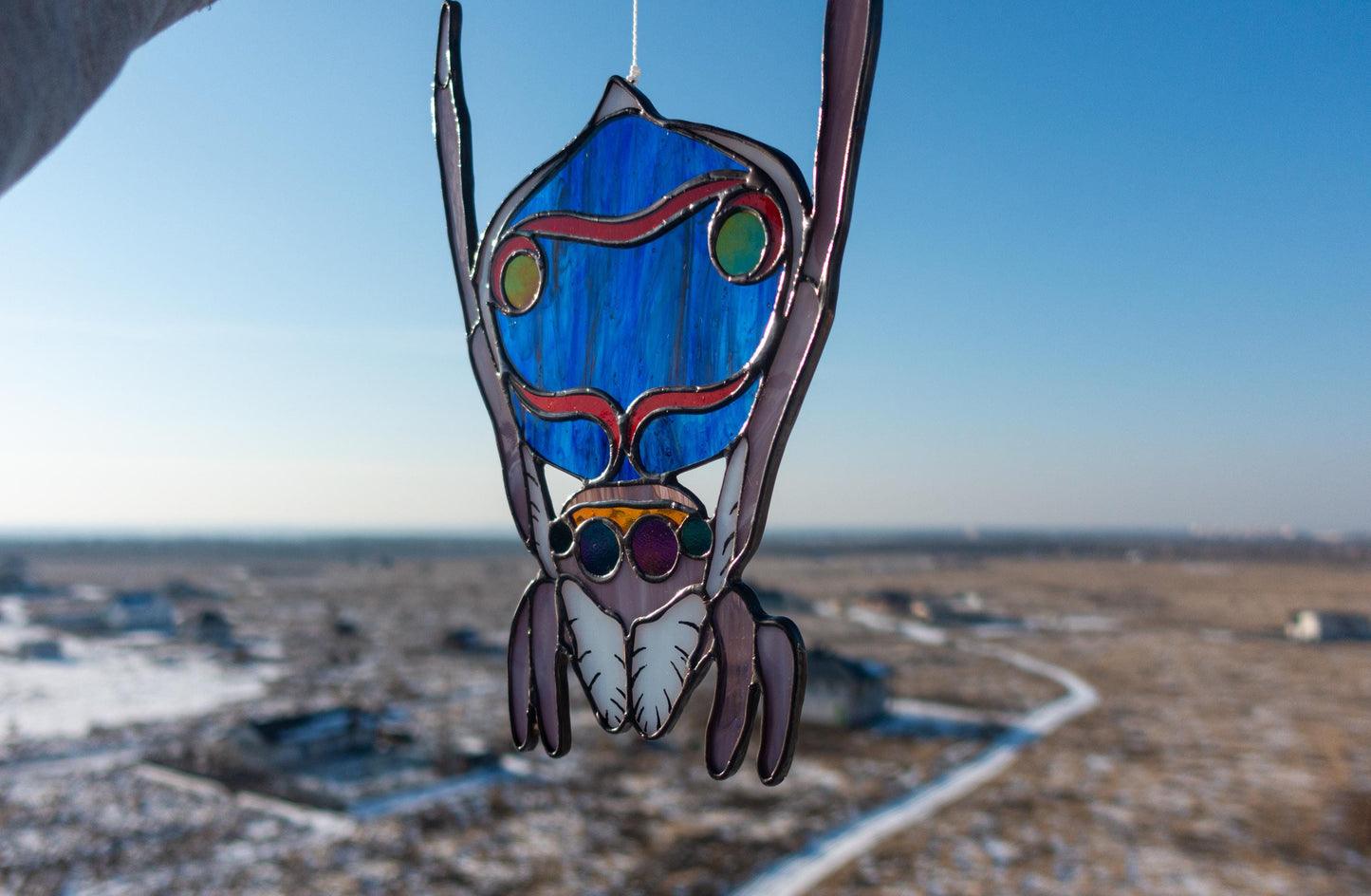 Peacock Jumping Spider Stained Glass Suncatcher — Iridescent Bug Window Art, Spider Lover Gift