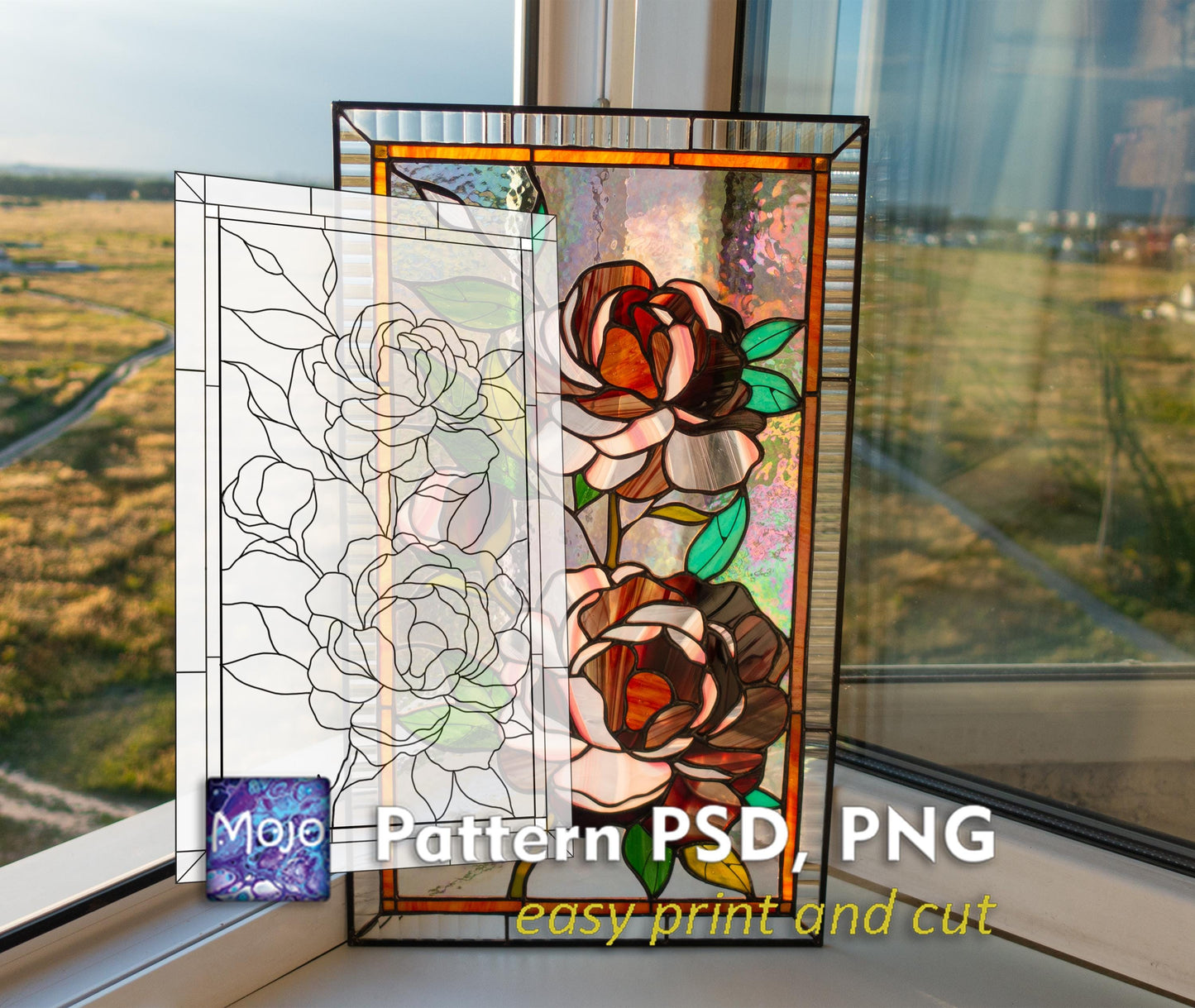 Digital pattern PSD Peony Stained glass Window panel