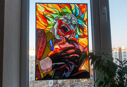 Creepy Clown Stained Glass Panel — Dark Comic Villain Large Window Art, Horror Gift for Him