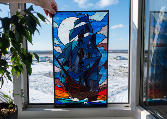 Stained Glass Panel — Mystical Pirate Ship, Large Nautical Window Hanging, Pirate Lover Gift