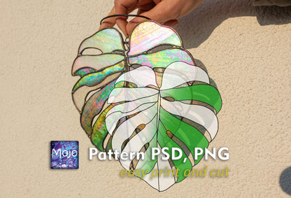 Monstera Leaf Stained Glass Pattern — Tropical Plant DIY Suncatcher Template, svg psd Download