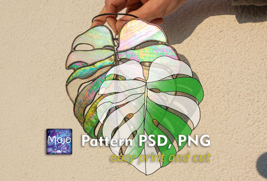 Monstera Leaf Stained Glass Pattern — Tropical Plant DIY Suncatcher Template, svg psd Download
