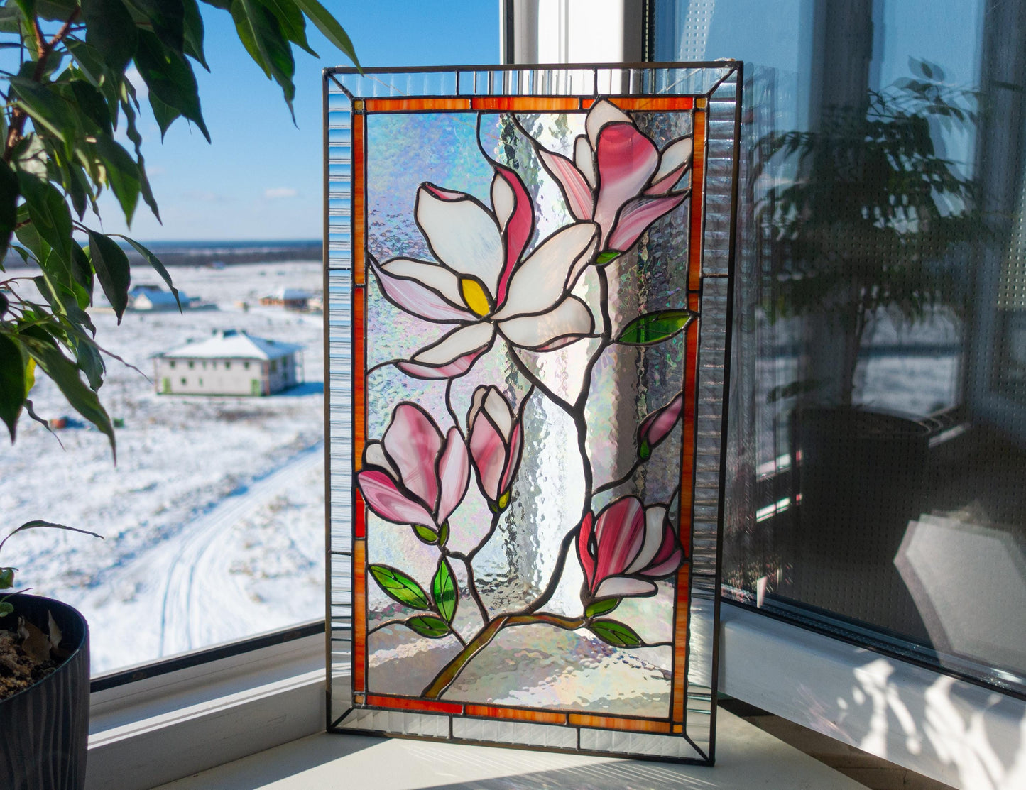 Pink Magnolia Handmade Stained Glass Window Panel — Window Light