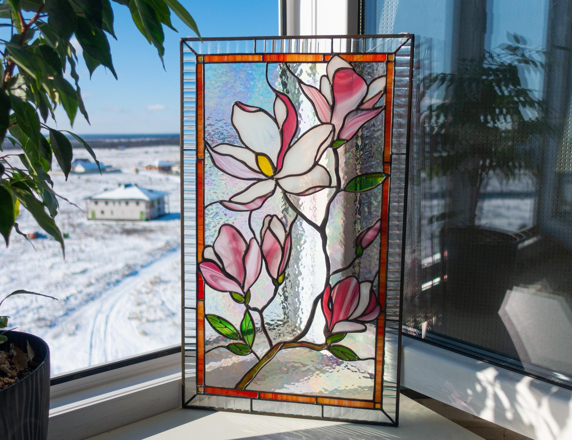 Pink Magnolia Handmade Stained Glass Window Panel — Window Light