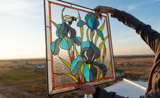 Stained Glass Window Panel — Blue Iris Flowers, Large Square Floral Hanging, Mothers Day Gift