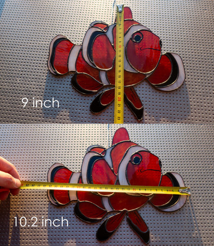 Stained Glass Clownfish Suncatcher — Tropical Orange Fish, Coral Reef Window Art, Ocean Gift