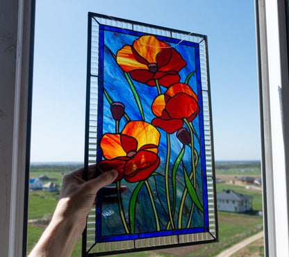 Red Poppies Stained Glass Panel — Wildflower Window Hanging, August Birth Flower Gift Her
