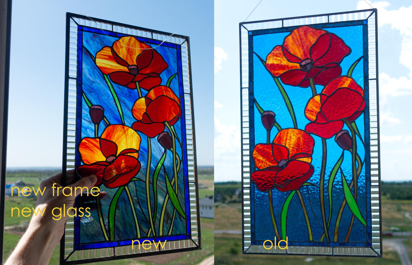 Red Poppies Stained Glass Panel — Wildflower Window Hanging, August Birth Flower Gift Her